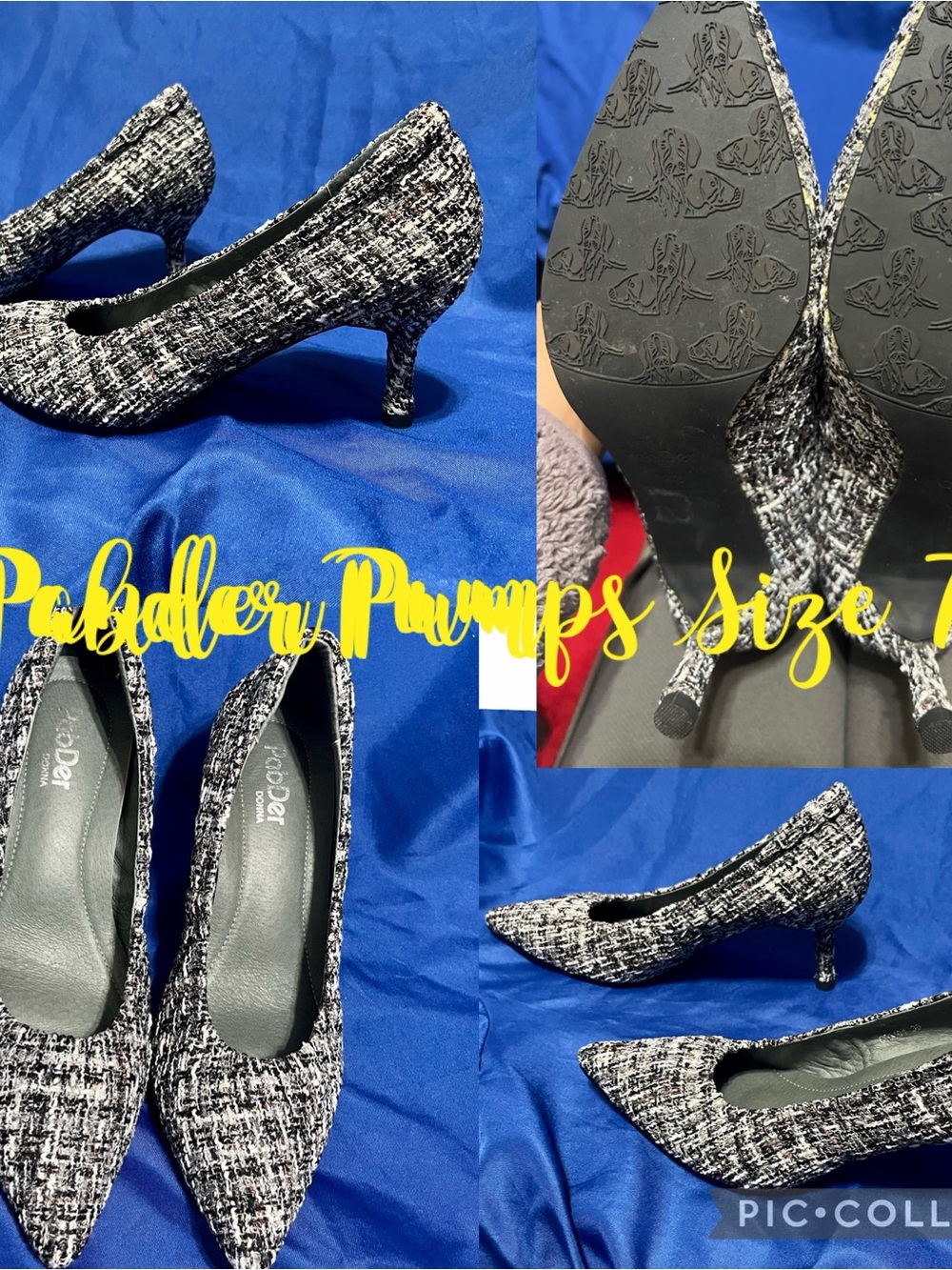 Pointed Tweed Kitten Heel Pumps in Black & White